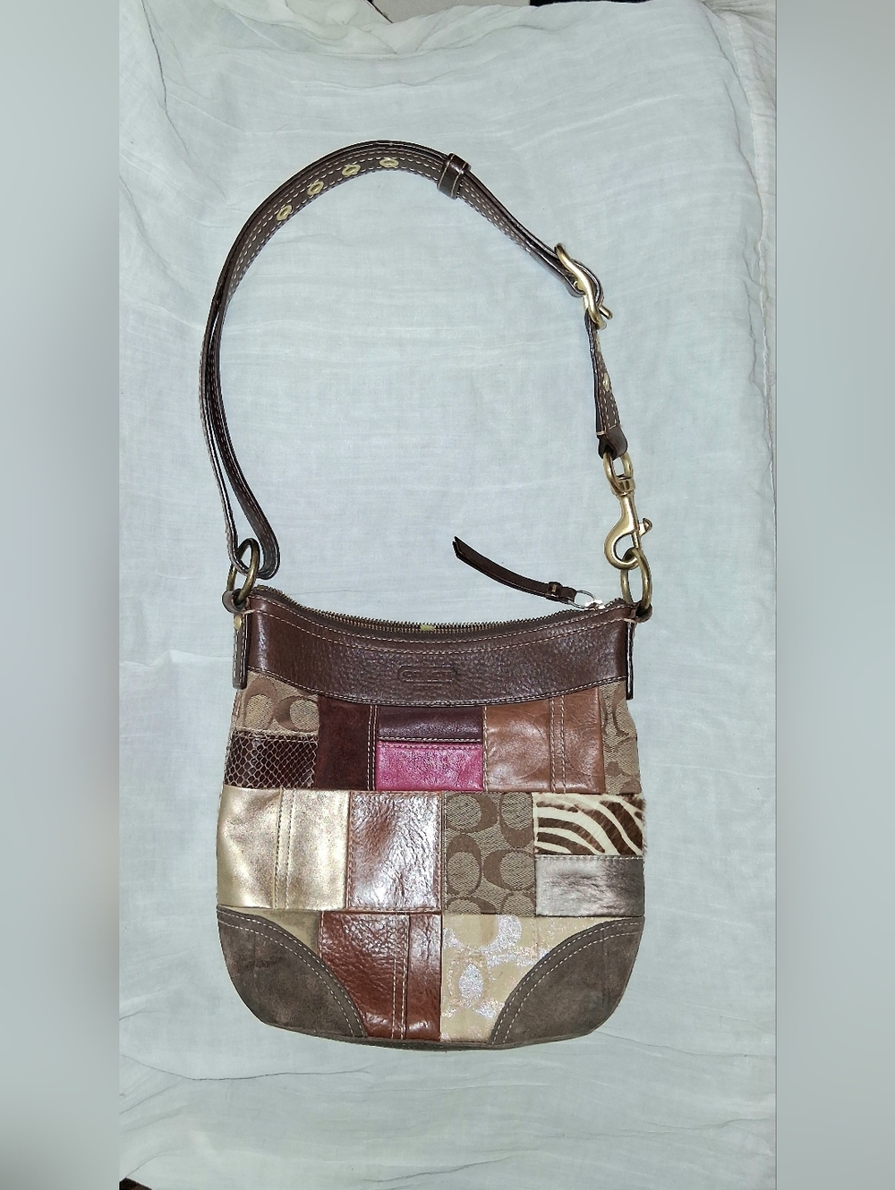 Coach Patchwork Shoulder Bag in Brown with Pink Accent